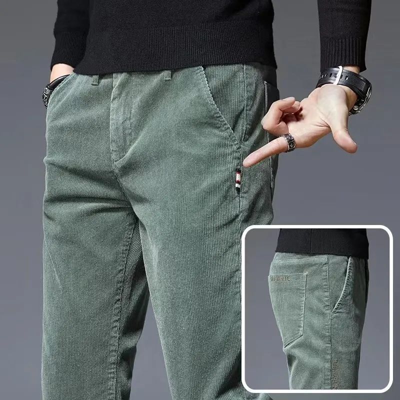Autumn Winter Men's Corduroy Stretch Casual Slim Straight Velvet Thicken Men's Trousers Youth Pants