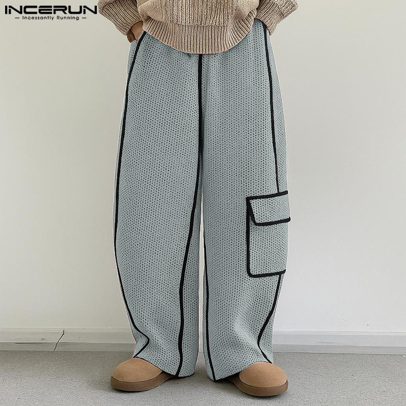 INCERUN Men Elastic Waist Trousers Casual Loose Stitching Texture Long Pants
