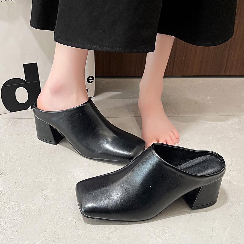 Gao niche 22 temperament simple and fashionable thick heel square head retro elegant high heel slippers beautiful