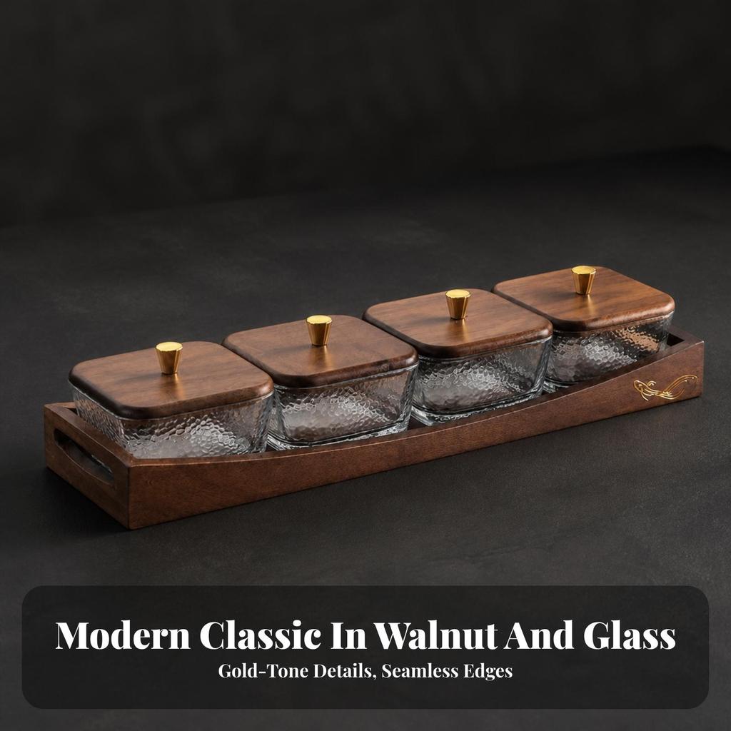 Wood Snack Tray with Glass Bowls Wooden Serving Dishes Appetizer