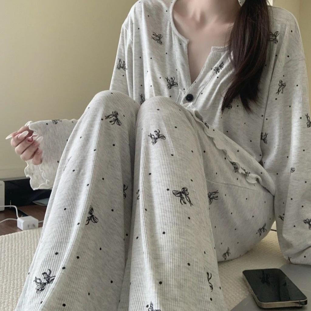 Retro Full Print Sweet Floral Pajamas Women's Summer Cardigan New Loose Loungewear Set Long Sleeve Spot
