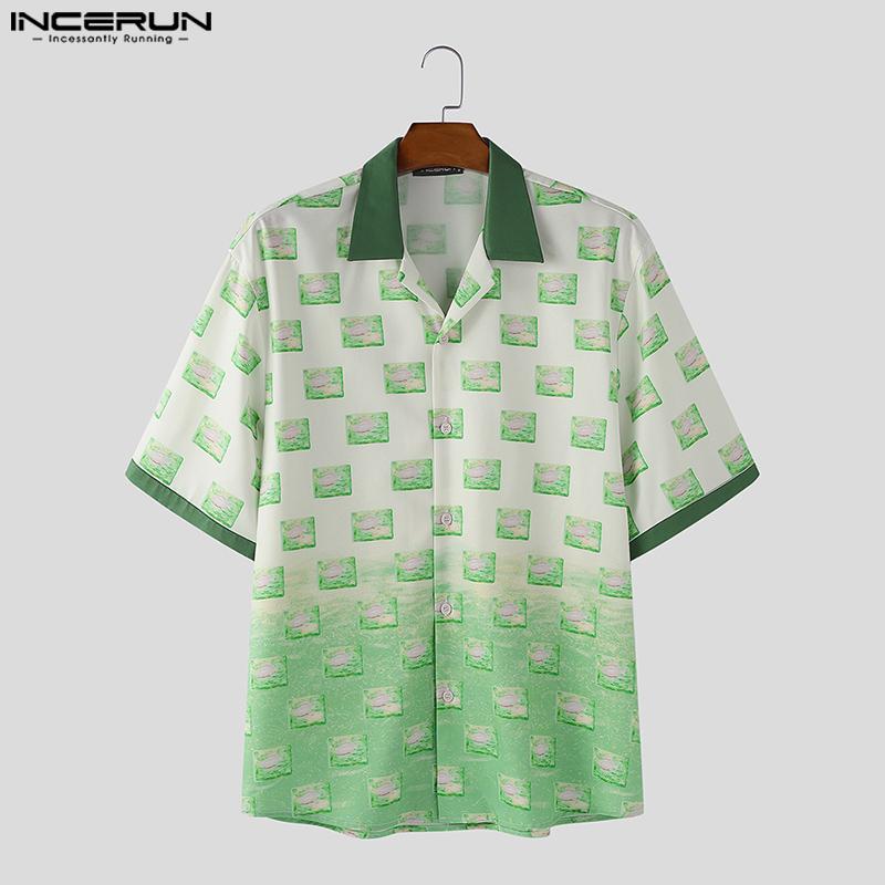 

INCERUN Men Lapel Short Sleeve Stitching Plaid Print Casual Oversized Shirts S