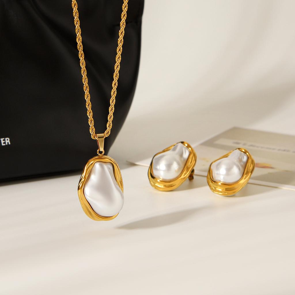 French Vintage Jewelry Irregular Baroque Pendant Stainless Steel Necklace Women's High-end Titanium Steel Earrings