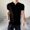 Herren Schwarzes Geripptes Kurzarm V-Ausschnitt Slim-Fit Lässiges Tägliches T-Shirt