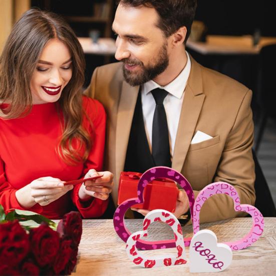 4 Pcs Wooden Heart Shape Table Signs Valentine's Day Red Pink Love Heart Tabletop Centerpiece for Home Wedding Party Tiered Tray Shelf Decor