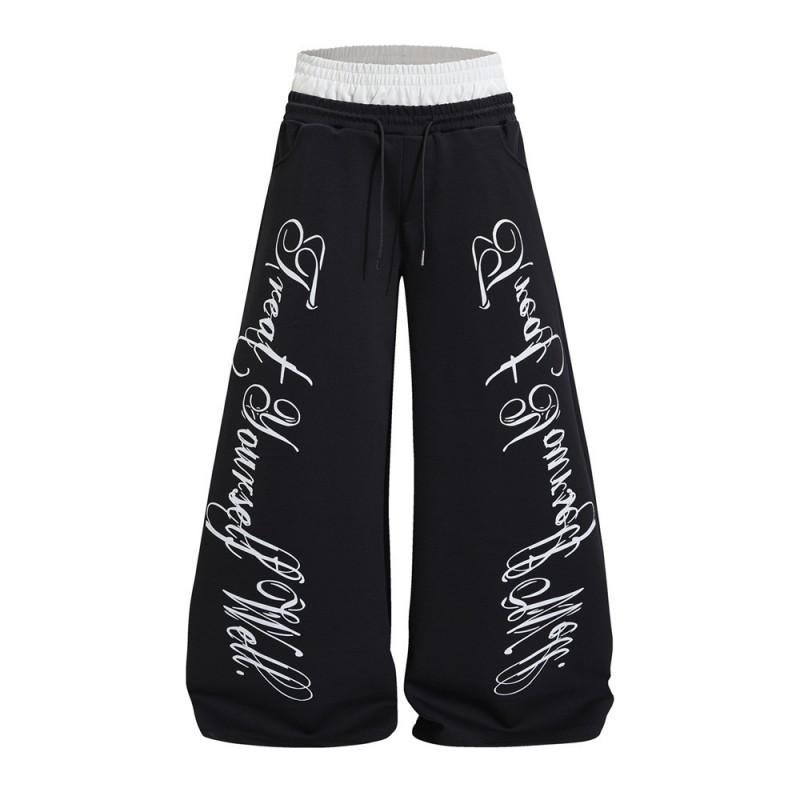 Mens Loose Wide-Leg Curved Pants Streetwear Letter Print Casual Trousers
