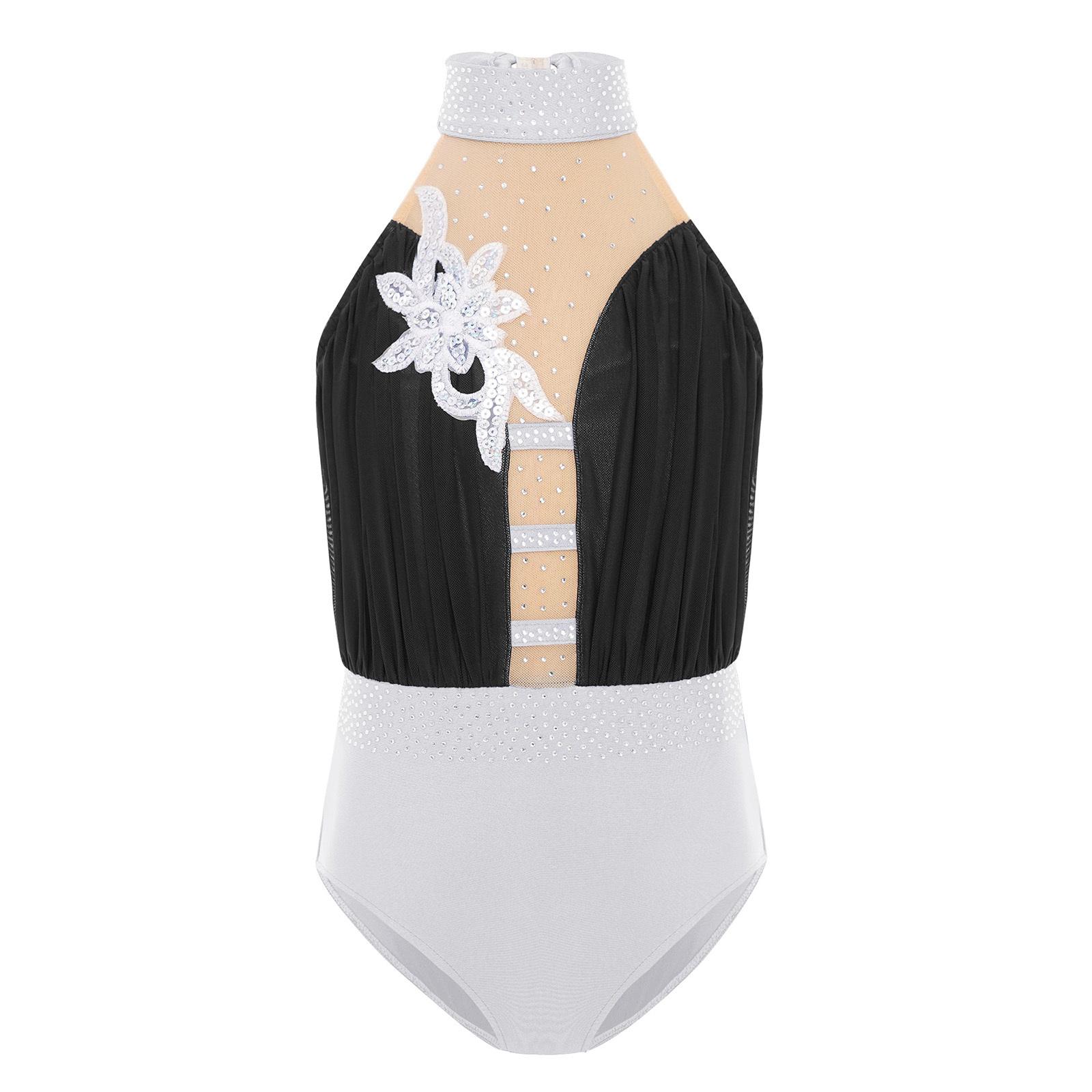 

Girls Sleeveless Leotard Sparkly Rhinestones Mesh Patchwork Color Block Gymnastics Figure Skating Costume 5-6 Years чорний