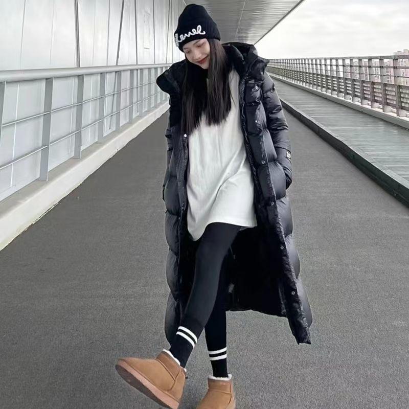 Giacca Lunga Calda in Cotone Piumino Nero Oro, Inverno Versione Coreana Nuova Giacca in Cotone Larga e Spessa Sopra il Ginocchio