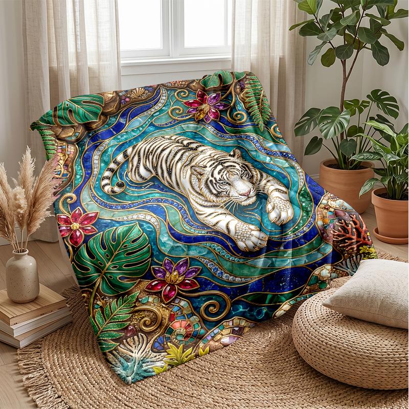 Tiger In Colorful Jungle Theme Blanket Lightweight Warm Flannel Blanket Decorative Throw Blanket for Home Decoration