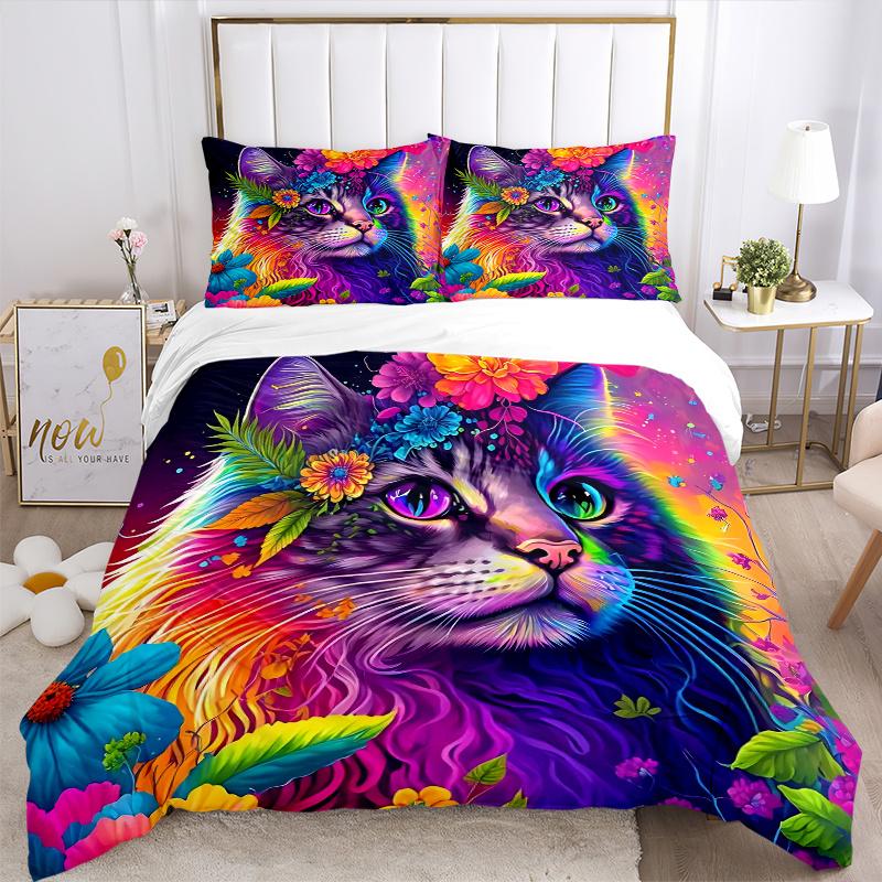 3pcs Multicolored Cat Quilt Set Cartoon Themed Bed Quilt Set Lovely Character Bedroom Decor Bed Quilt