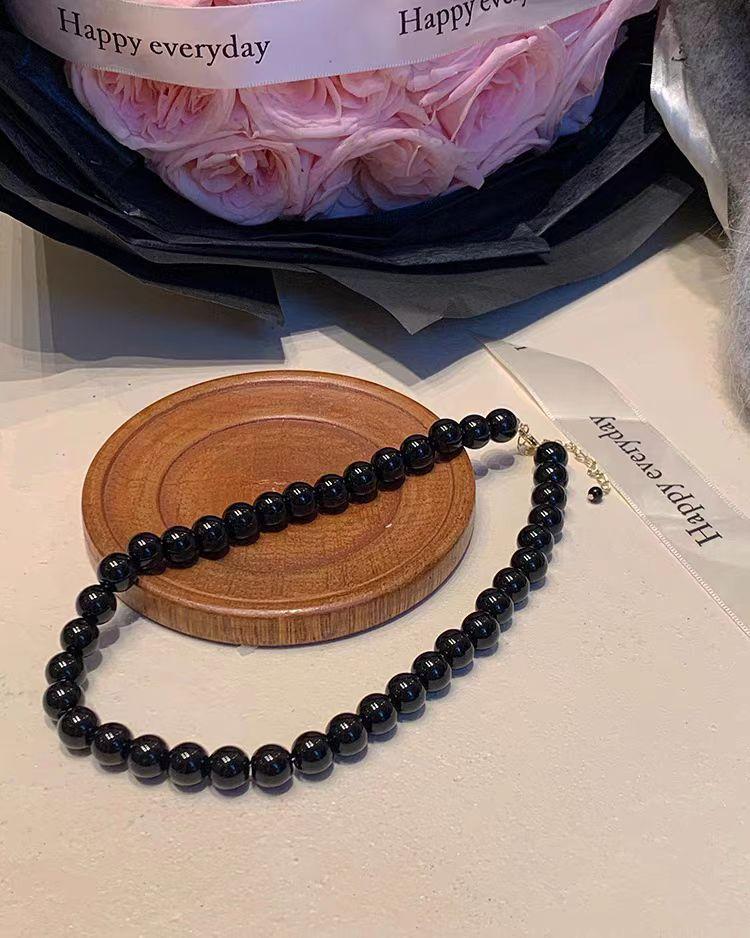 Black Natural Stone Necklace Women's New Popular Black Agate Beaded Collarbone Chain Premium French Sweater Necklace