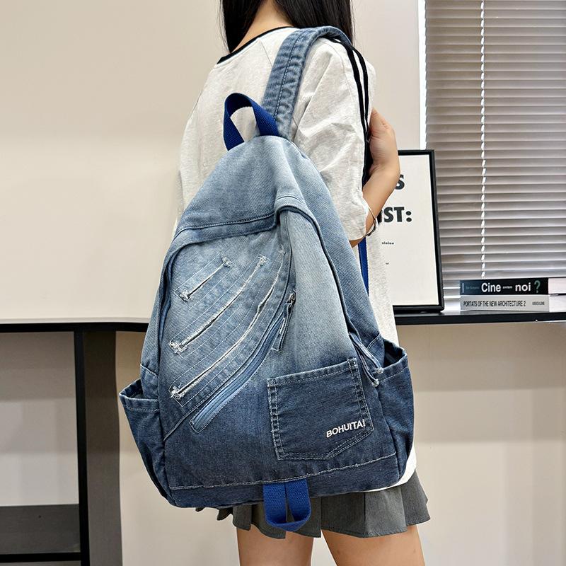 New casual denim student schoolbag Japanese old retro washed denim backpack large capacity bag