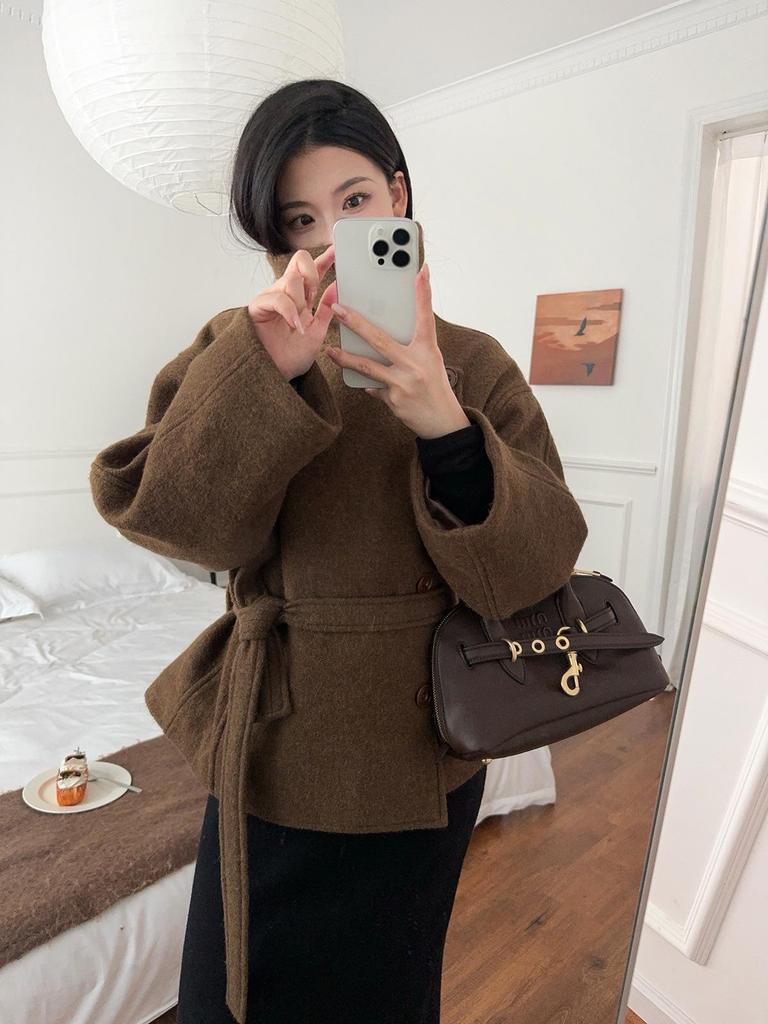 Retro Camel-Hair Short Wool Coat with Belt