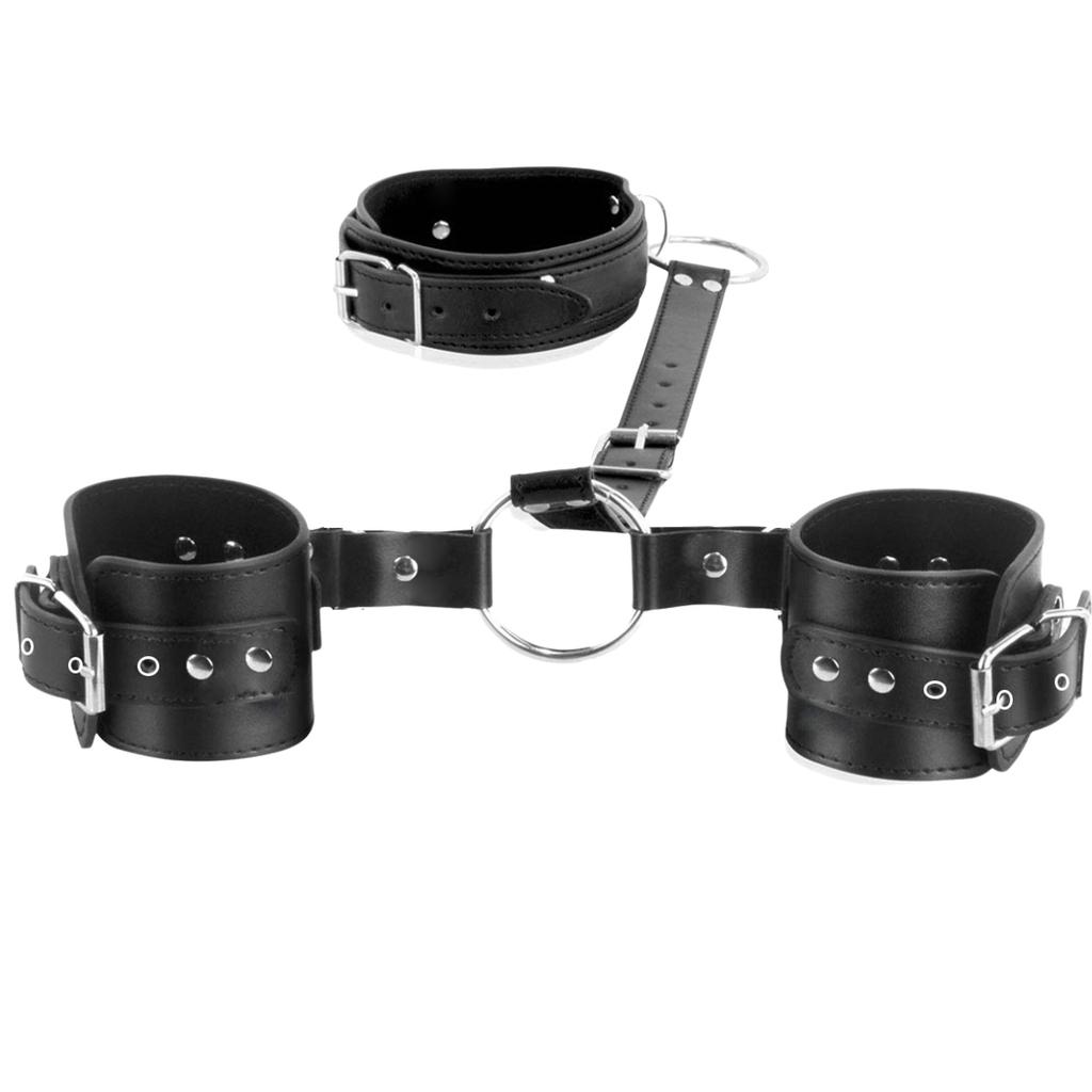 Leather Bondage Restraints Neck to Wrist Handcuffs Kit Nipple Clamps Gag Adjustable Restraint Straps Sex SM Toys For Couple