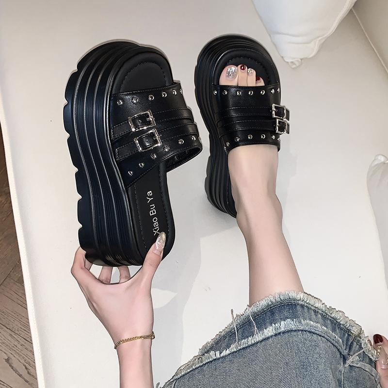 Fashion Fashionable Wedge Heel Slippers Summer New Round Head Riveted Metal Belt Buckle Waterproof Platform High Heels