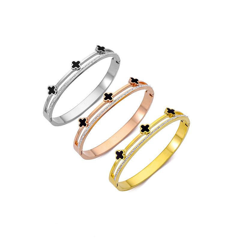 Four Leaf Grass Bracelet Double Ring High Grade Diamond Bracelet Girl Titanium Steel Handpiece Light Luxury Bracelet