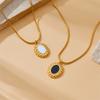 Gold Tone Black Enamel Oval Charm Jewelry Set Necklace Earrings