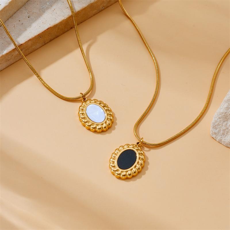 Gold Tone Black Enamel Oval Charm Jewelry Set Necklace Earrings