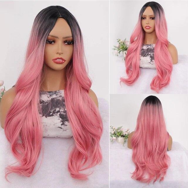 Synthetic Natural Black Wigs Long Wavy Wig for Women with Bangs Halloween Party Daily Heat Resistant Fibre Hair Wigs