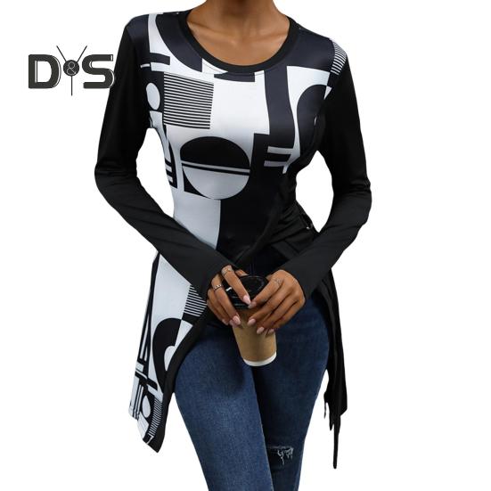 

Женские топы с круглым вырезом, длинным рукавом, геометрическим принтом, облегающей футболкой, боковыми разрезами, отделкой бретельками, топы средней длины L чёрный