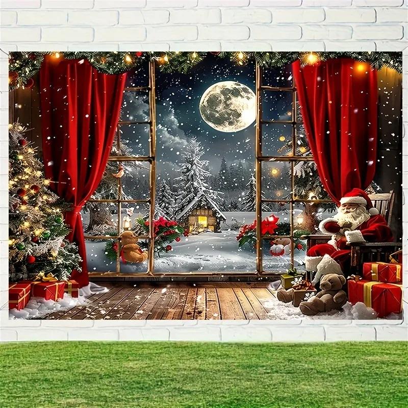 Christmas Day Party Decoration Background Cloth Winter Night View Santa Claus Tree Tapestry Home Curtain Polyester