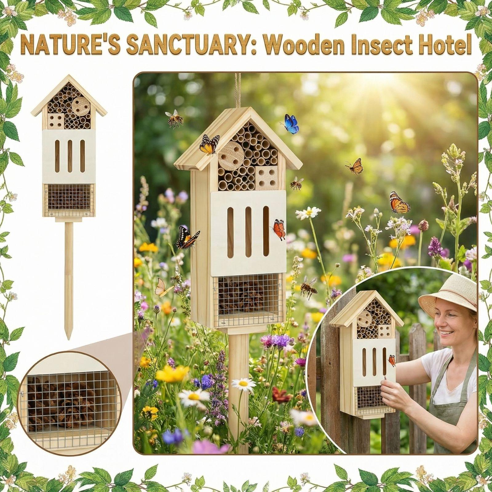 Bee House Hotel & Butterfly House With Stake, Handcrafted Wooden Hotel, Natural Insect Habitat For Garden, Patio, Or Yard, Attracts Pollinators, One Size