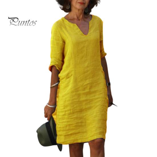 Casual Dress Summer Lady V Neck Three Quarter Sleeves Loose Solid Color Knee Length Simple Style Daily Wear Commute Midi Fit
