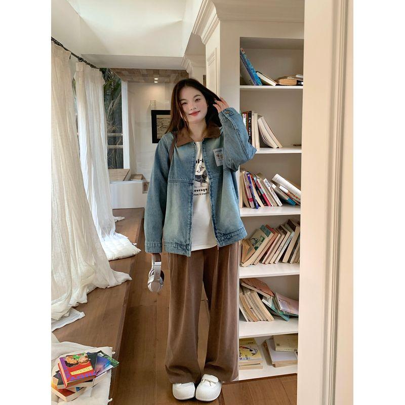 

Spicy Style Plus-Size Women s Clothing: Vintage Corduroy Patchwork Washed Denim Jacket, Very Stylish for Winter, Suitable for Plus-Size Women Brown European Cotton Velvet Pants(Single Piece) M