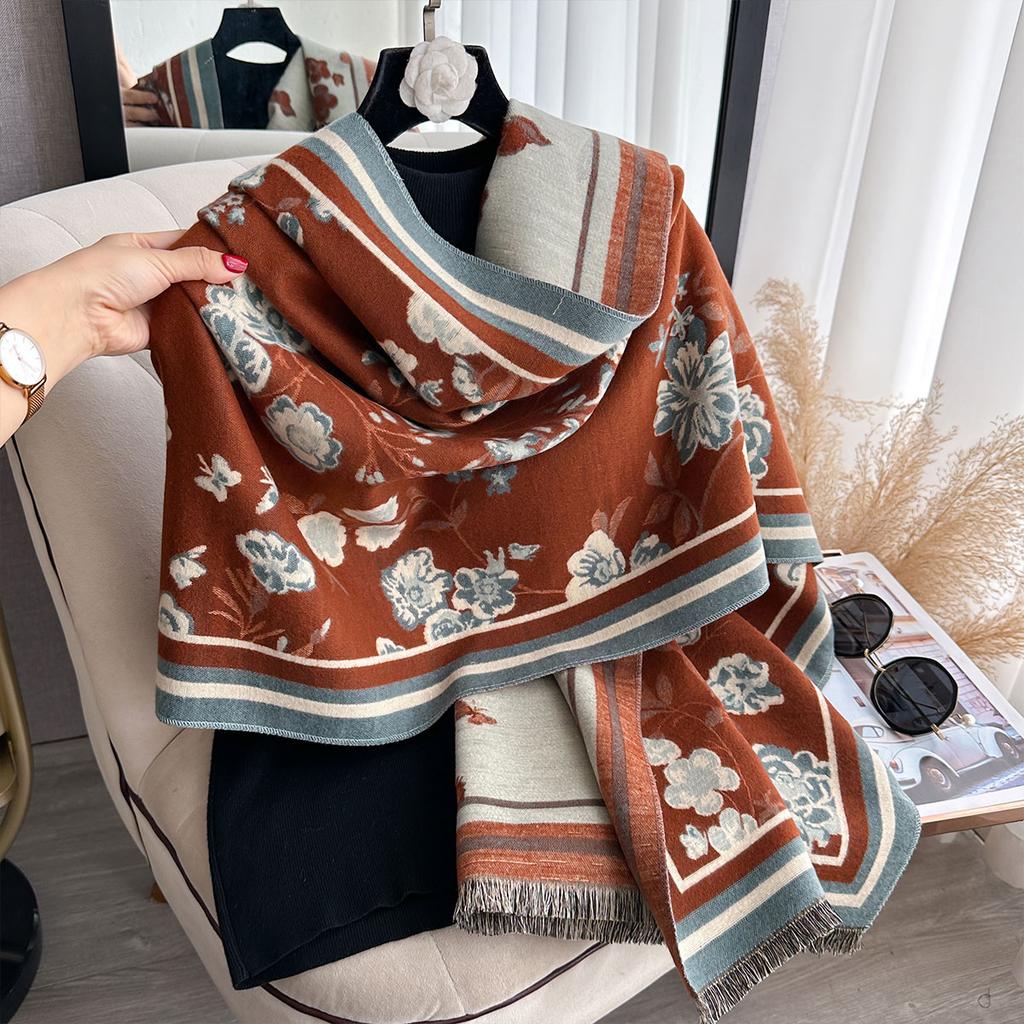 Women'S Thick Warm Winter Floral Printed Imitation Cashmere Pashmina Scarf Shawl Lady Wrap Knitted Foulard Blanket
