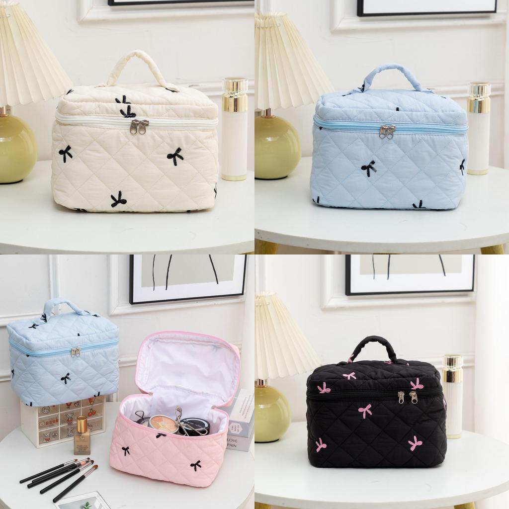 Floral Embroidered Bow Makeup Bag Large Capacity With Carry Handle For Daily Use