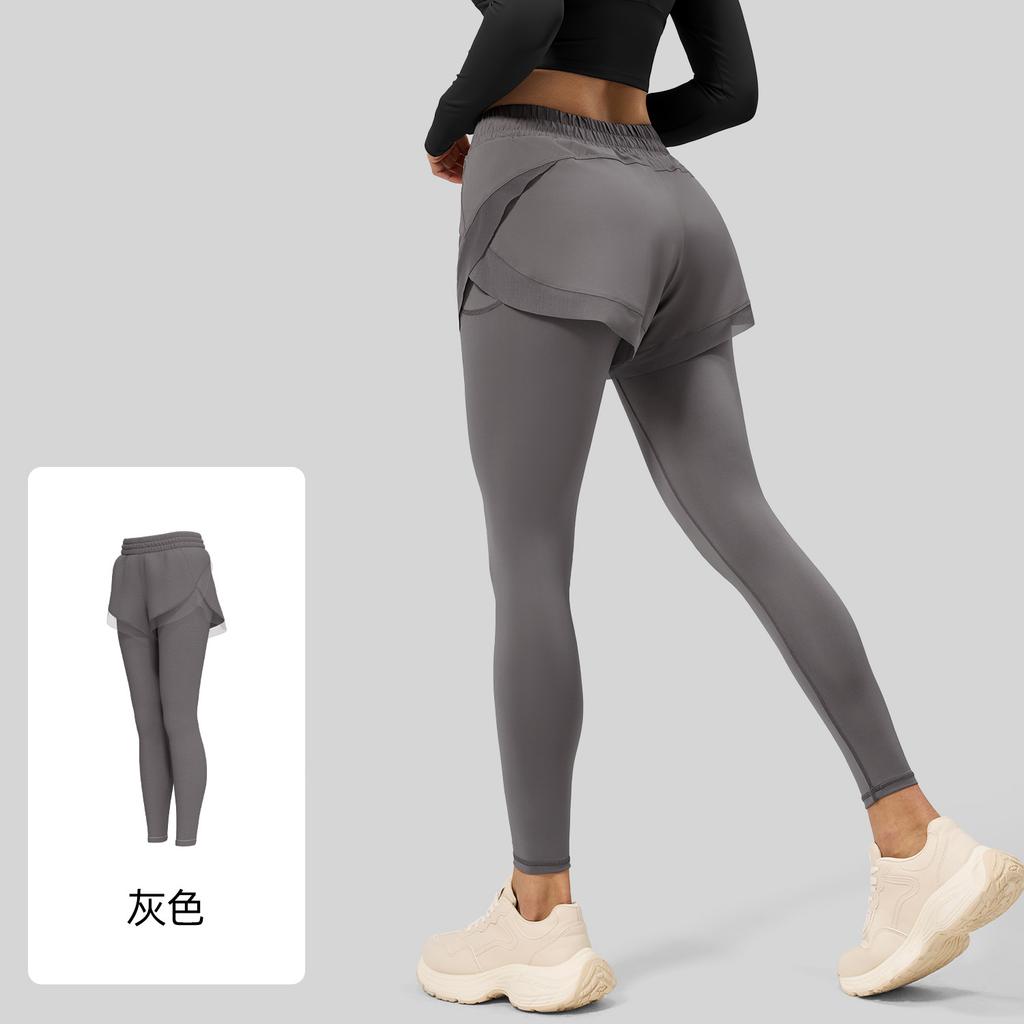 Fake two-piece sports leggings pocket pants nude fitness trousers high waist hip yoga pants women