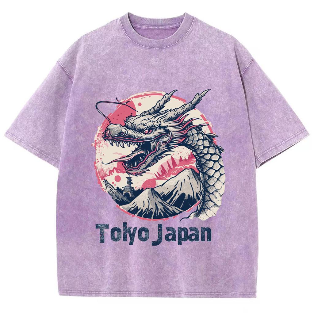 Japan Tokio Alphabet Drachen Print Damen Washed T-Shirt Baumwolle Locker Große Größe Unisex Halbarm Vintage Nische Top