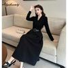 Elegant Fashion Autumn Winter Women Sweater Dress V Neck Kntting Thick Warm Midi Dress Office Lady Black Knitted Dress With Belt