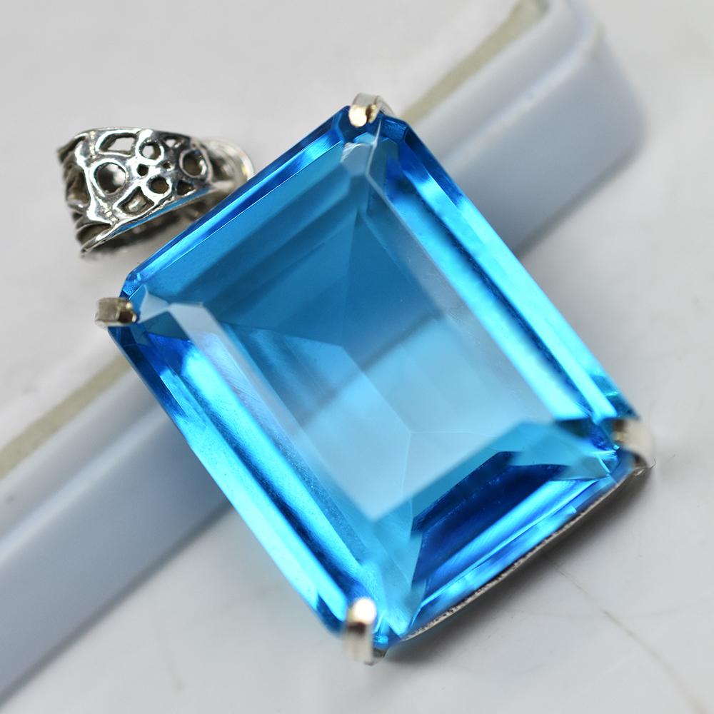 Natural Blue Topaz 91 Ct Emerald Cut 925 Sterling Silver Pendant