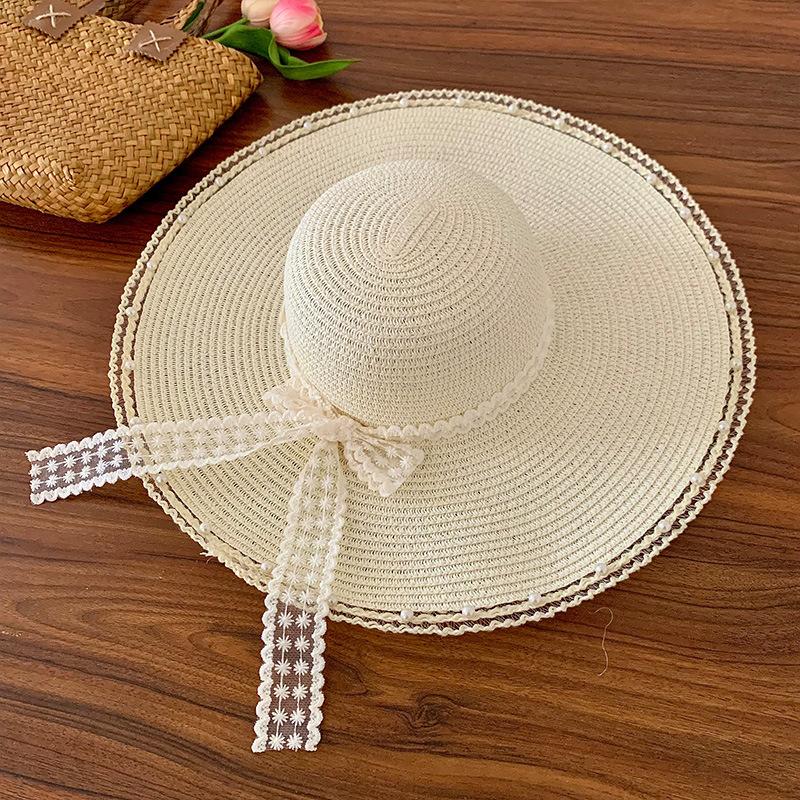 Lace Bow Straw Hat Women's Summer French Large Brim Sunscreen Hat Seaside Beach Vacation Sun Hat