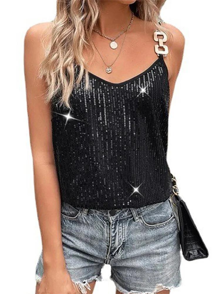 Women Glitter Loose Camisole Tops Sleeveless V Neck Vest Casual Elegant Tank Tops Female Summer Shirts