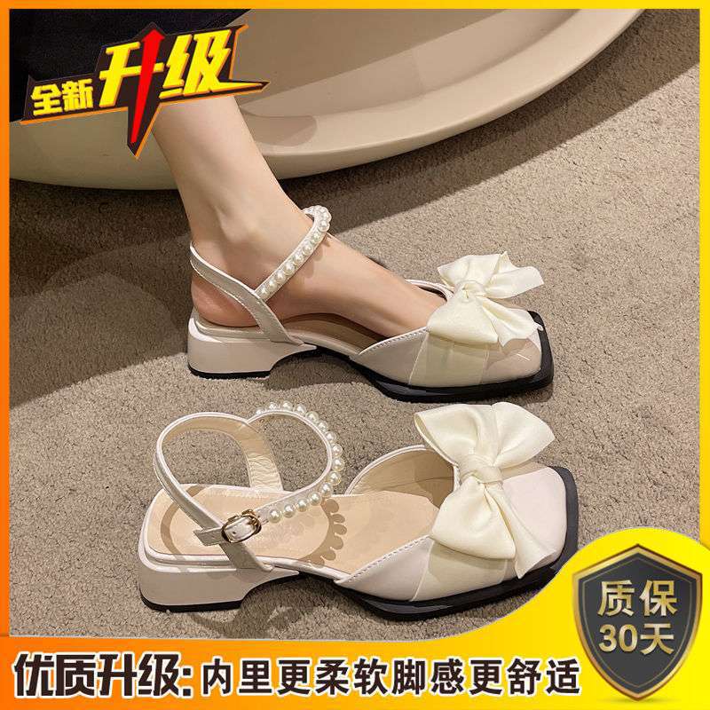 Summer Sandals Women's Summer 2025 New Thick Heel Bow Summer Low Heel Bag Head Small Leather Shoes Summer with Skirt