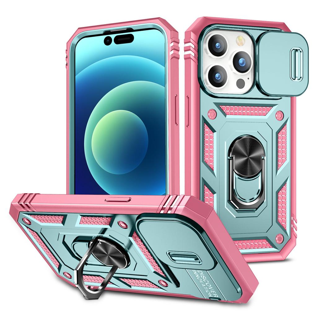 For iPhone 15 Pro Max Kickstand Case Card Holder PC+TPU Phone Cover with Sliding Camera Protection