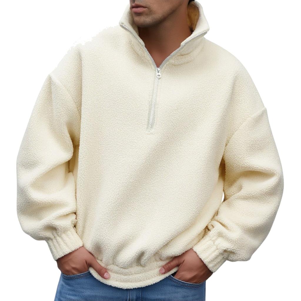 Men's Casual, Trendy, Retro Solid Color Half-pull Long-sleeved High-neck Top, Men's Thickened Warm Lambskin Sweatshirt