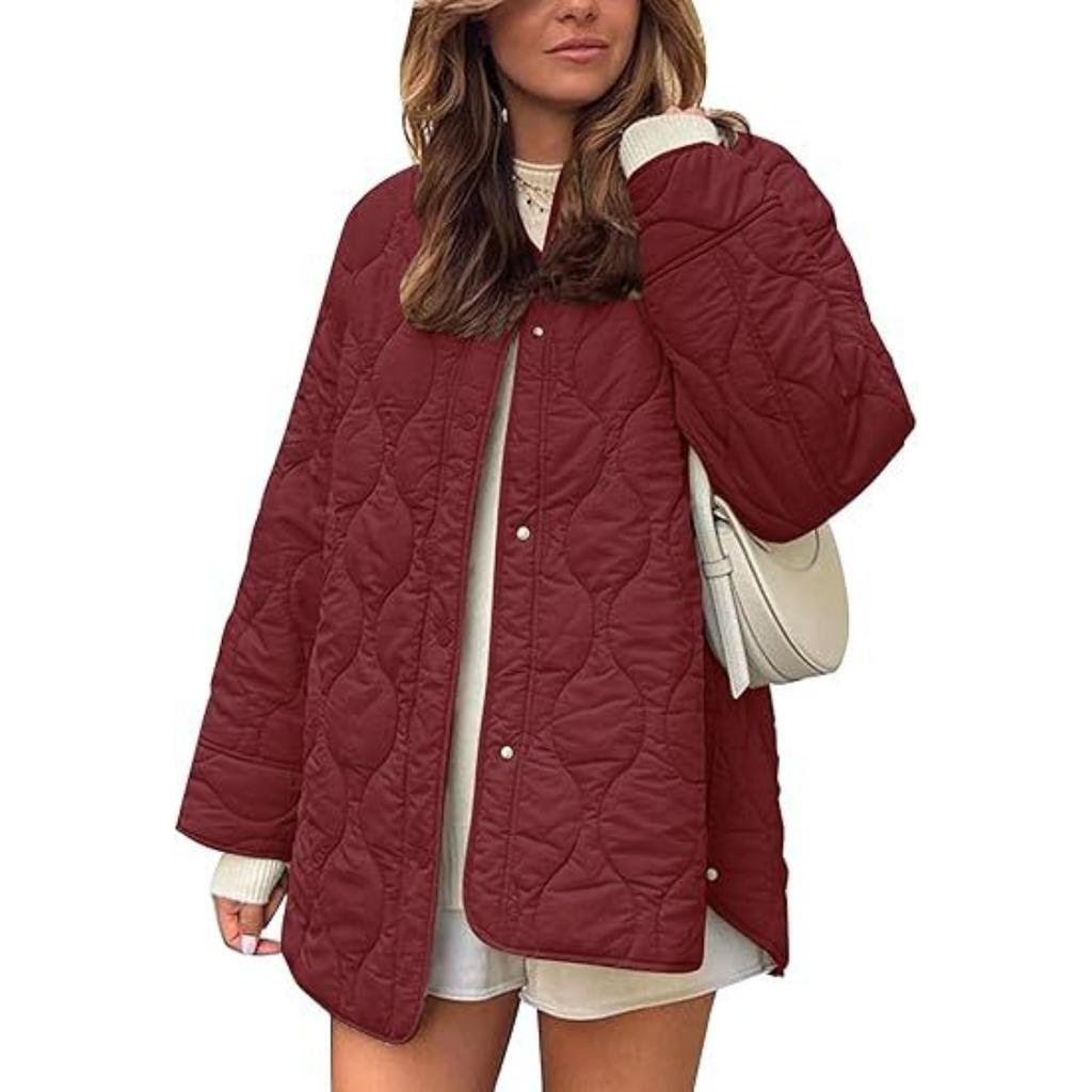 2025 Autumn Winter New European American Style Quilted Simple Solid Color Round Neck Loose Cotton Coat Outerwear