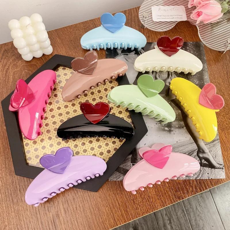 New Candy Color Love Heart 5.11" Big Size Hair Claw Clips for Women Girls Elegant Geometric Plastic Spring Summer Headwear Gift