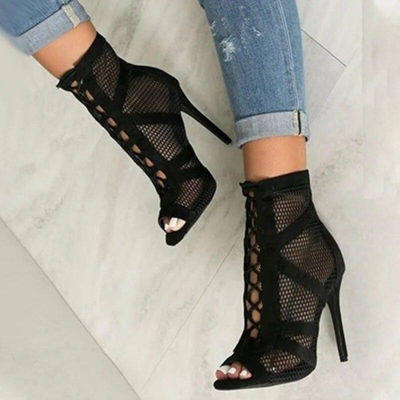 Sexy High Heels Hollow Mesh Sandals Women Summer Cross-tied Peep Toe Heeled Ankle Strap Dance Shoes Black Net Sandals