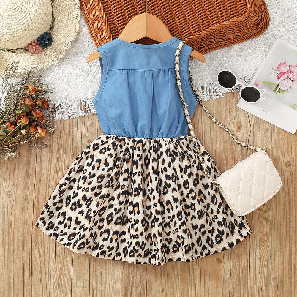 Middle and Small Children's Summer Girl Denim Patchwork Printed Vest Dress