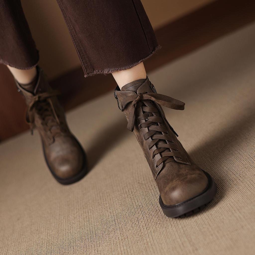 Krazing Pot Genuine Leather Winter Round Toe Western Boots Med Heels Women Cross-tied Lace Up Women Ankle Boots