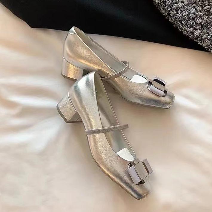 

2025 spring new daughter, square head bow thick heel Mary Jane single shoes women s medium heel flat heel ballet shoes 35