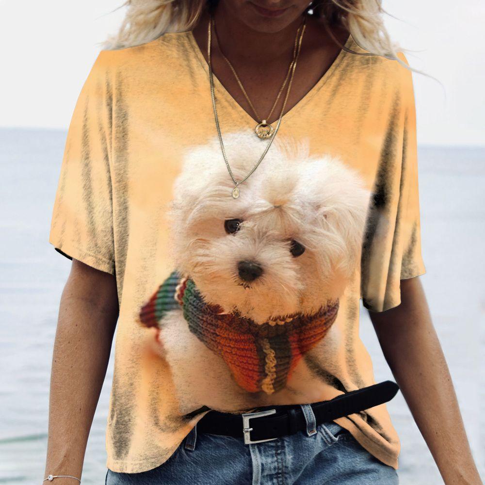 Summer V-neck 3D Dog Printed Top Fashionable Casual Short Sleeved Women's T-shirts