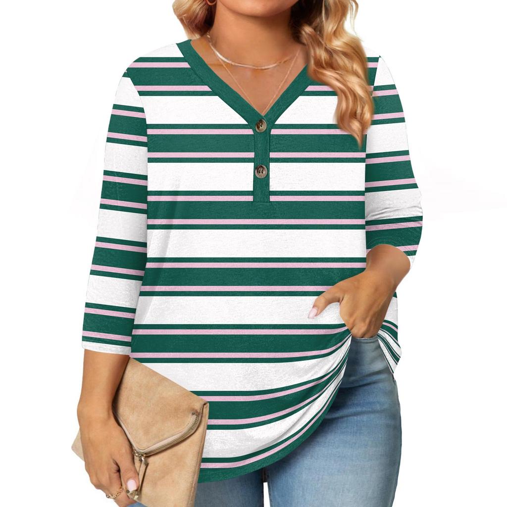 3/4 Length Sleeve Womens Tops Plus Size Button Down V Neck Shirts Blouses Casual Print Loose