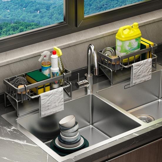 Drain Rack Rustproof Carbon Steel Organizer with Detachable Drain Tray Storage Rack for Kitchen Sink Sponges Soap
