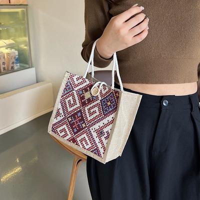 Borsa in Tela Stile Etnico Donna Moda Estiva Portapranzo in Lino Borsa Bento da Mano Borsa per Mamma
