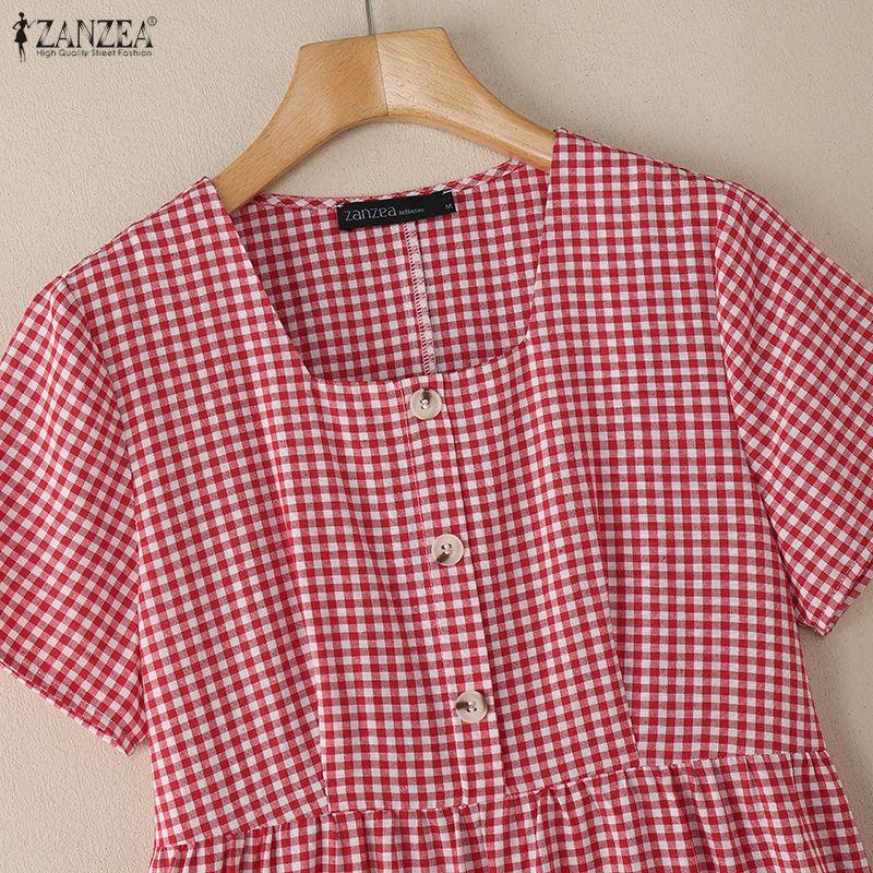 ZANZEA Women Plaid Print Summer Casual Square Collar Short Sleeve Dress